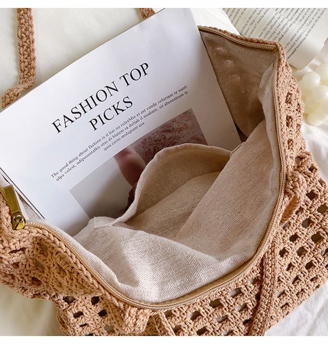 Openwork Crochet Shoulder Tote with Rounded Corners