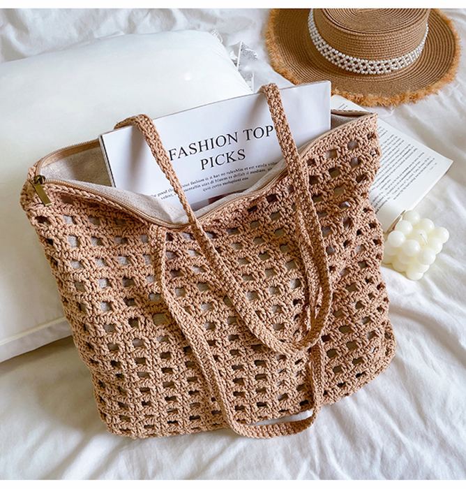 Openwork Crochet Shoulder Tote with Rounded Corners