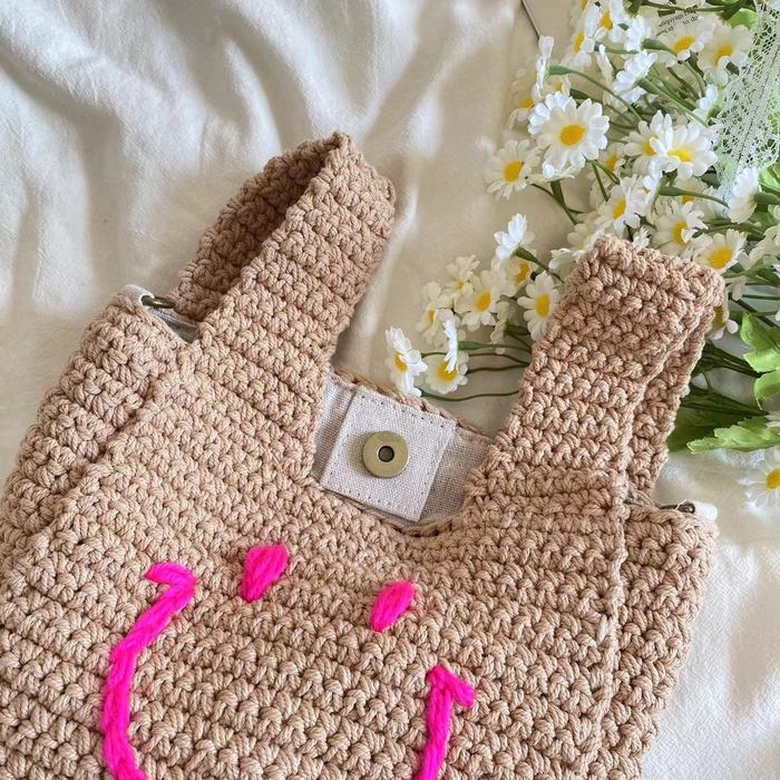 Mini Smiley Crochet Handbag with Wide Top Handles