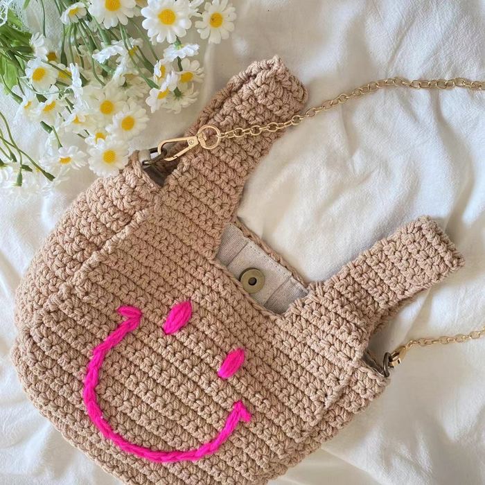 Mini Smiley Crochet Handbag with Wide Top Handles