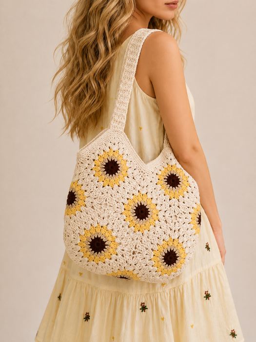 Sunflower Granny-Square Crochet Shoulder Bag