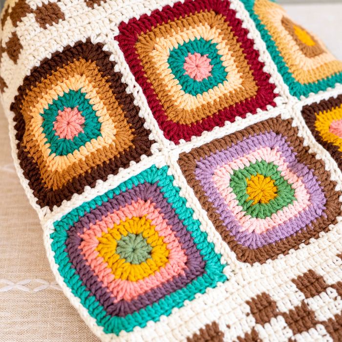 Colorful Granny Square Crochet Tote with Checkered Borders
