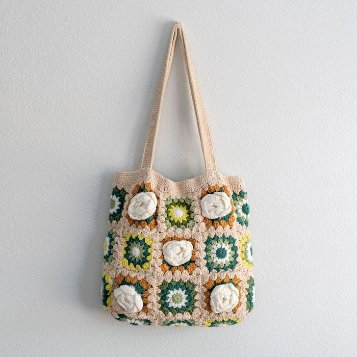 Green Floral Granny-Square Crochet Shoulder Tote
