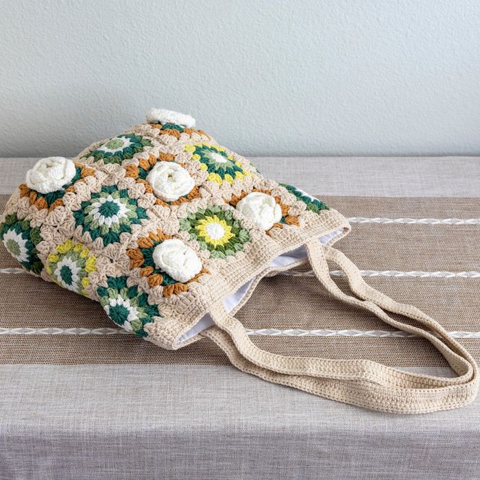 Green Floral Granny-Square Crochet Shoulder Tote