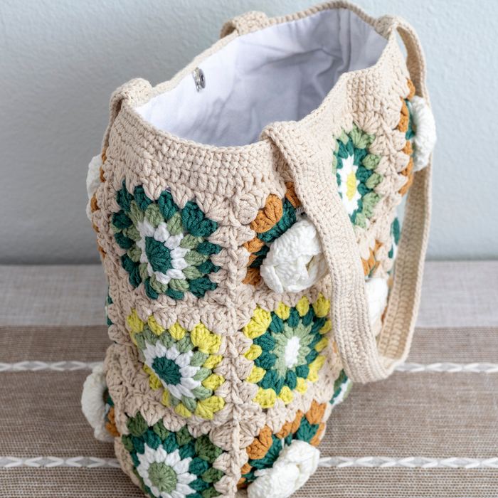 Green Floral Granny-Square Crochet Shoulder Tote