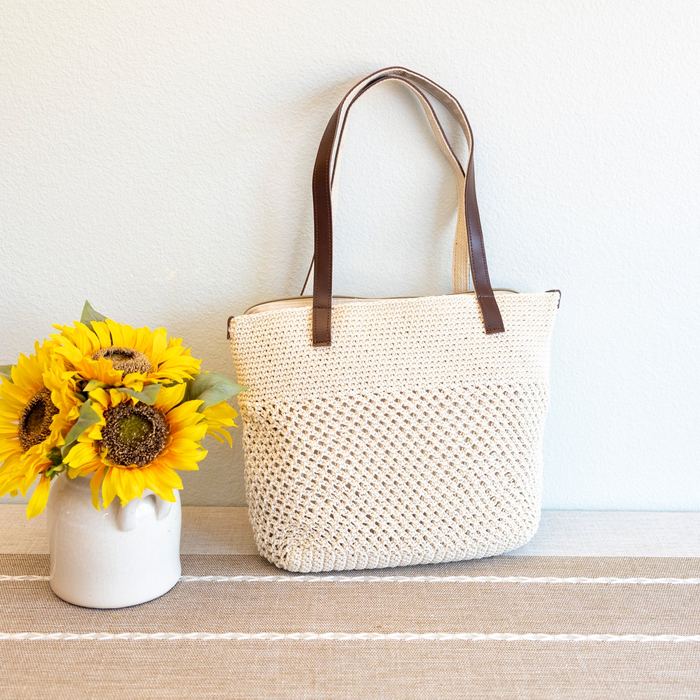 Textured Woven Shoulder Tote with Long Brown Handles