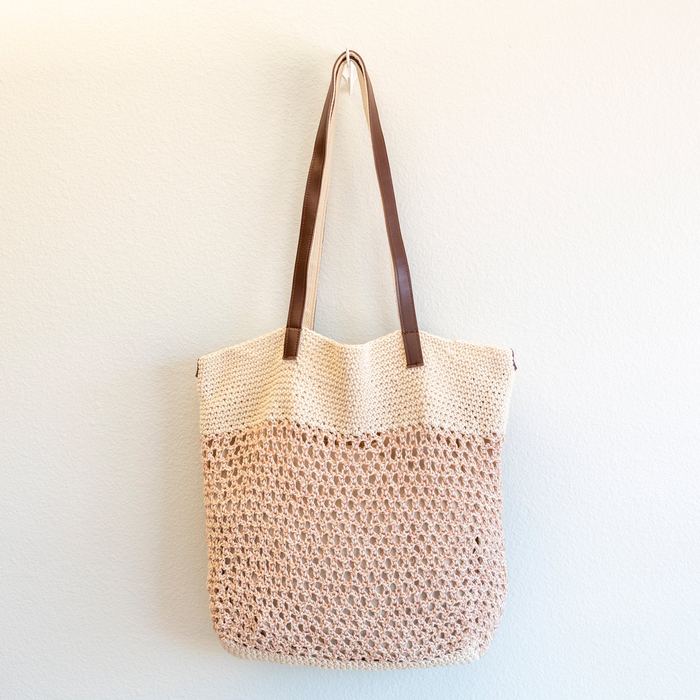 Textured Woven Shoulder Tote with Long Brown Handles
