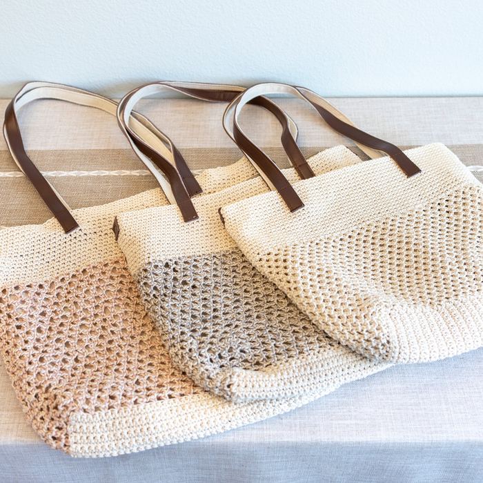 Textured Woven Shoulder Tote with Long Brown Handles