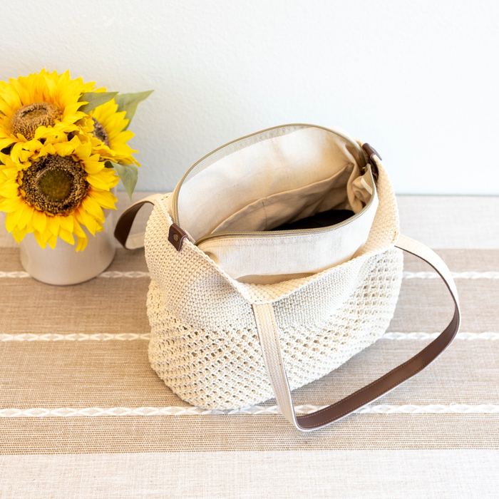 Textured Woven Shoulder Tote with Long Brown Handles