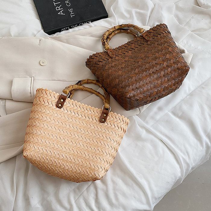 Compact Straw Basket Tote with Wrapped Top Handles
