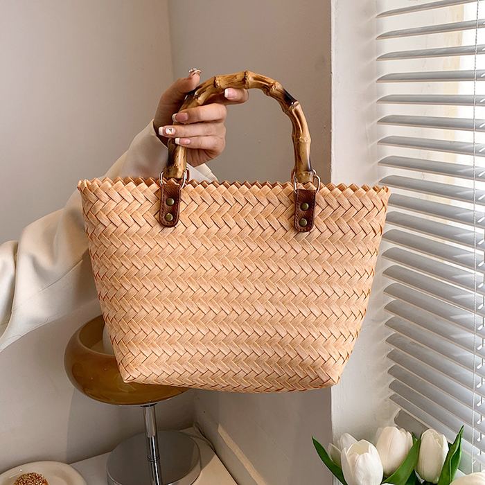 Compact Straw Basket Tote with Wrapped Top Handles