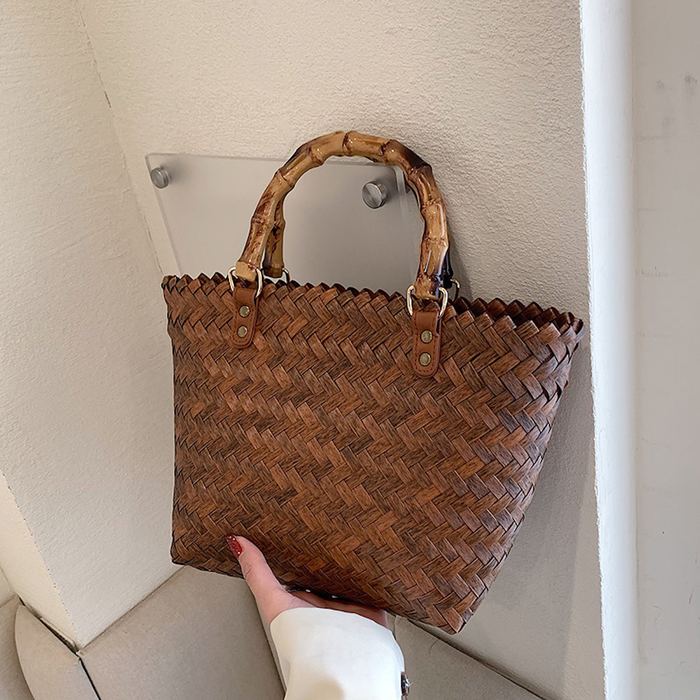 Compact Straw Basket Tote with Wrapped Top Handles