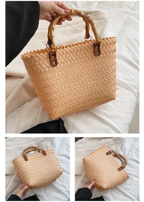 Compact Straw Basket Tote with Wrapped Top Handles