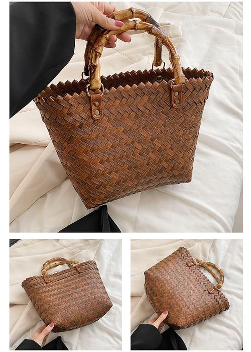 Compact Straw Basket Tote with Wrapped Top Handles