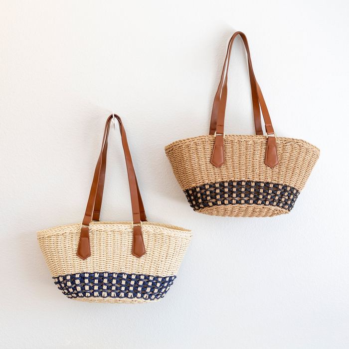 Woven Straw Basket Tote with Checkered Lower Band