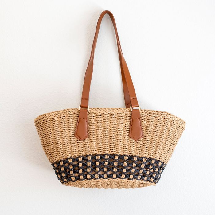 Woven Straw Basket Tote with Checkered Lower Band