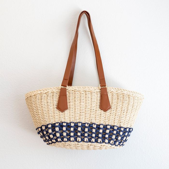 Woven Straw Basket Tote with Checkered Lower Band
