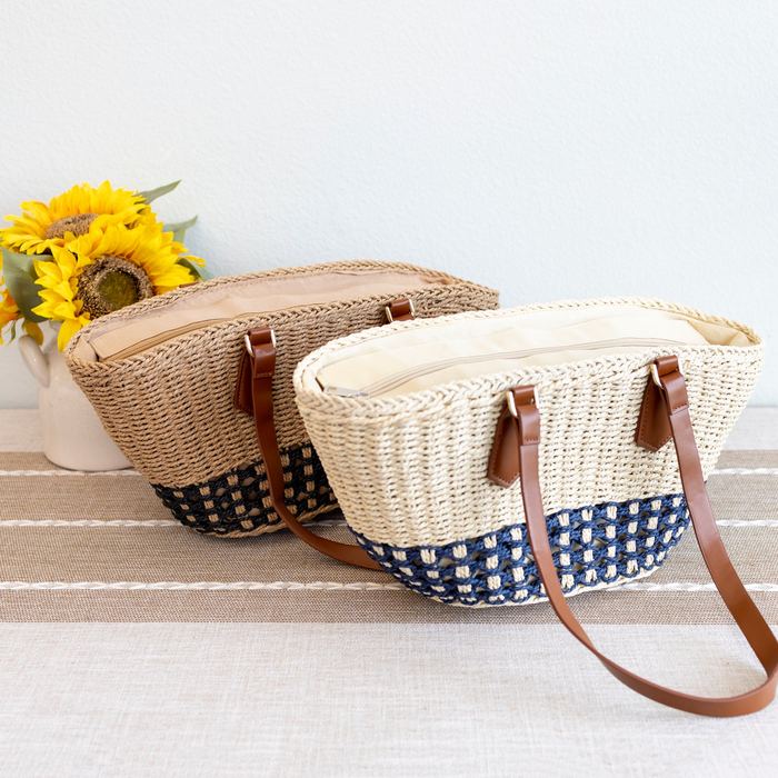Woven Straw Basket Tote with Checkered Lower Band
