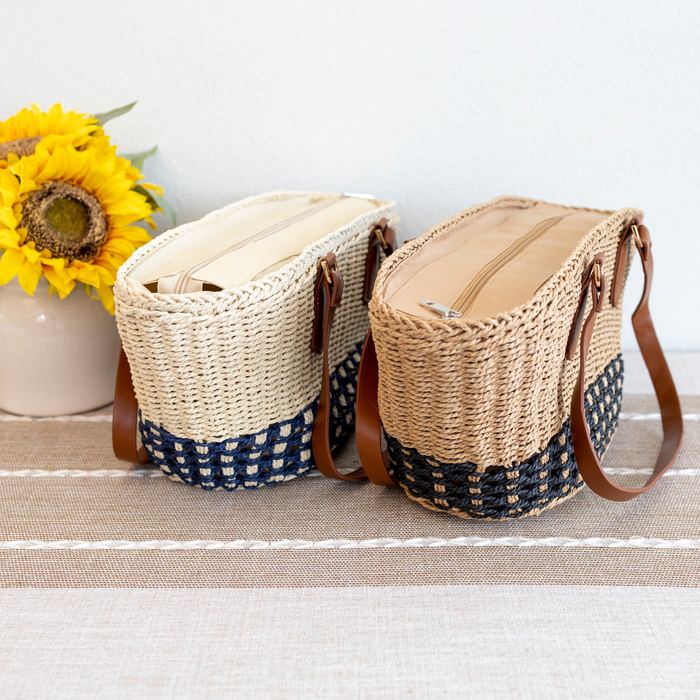 Woven Straw Basket Tote with Checkered Lower Band