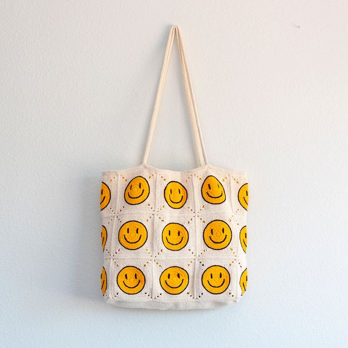 Yellow Smiley Granny-Square Crochet Tote