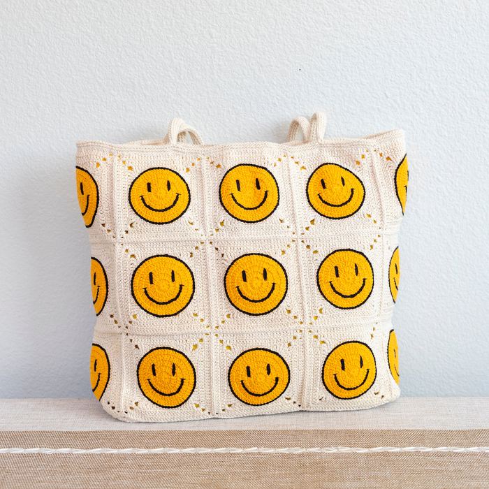 Yellow Smiley Granny-Square Crochet Tote
