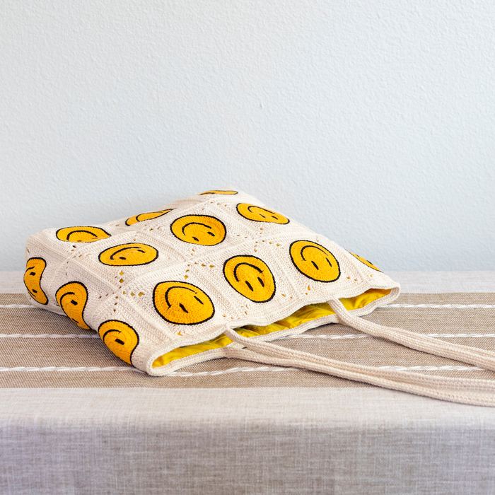 Yellow Smiley Granny-Square Crochet Tote