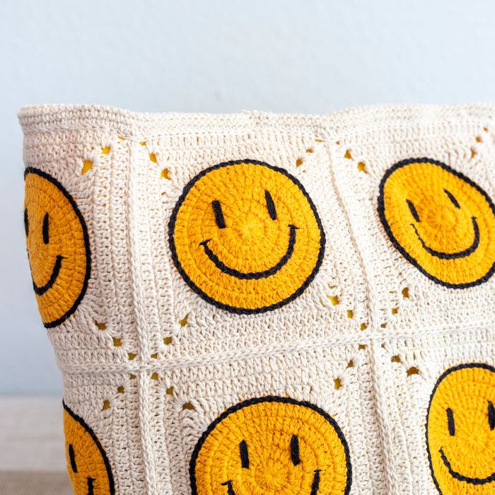 Yellow Smiley Granny-Square Crochet Tote