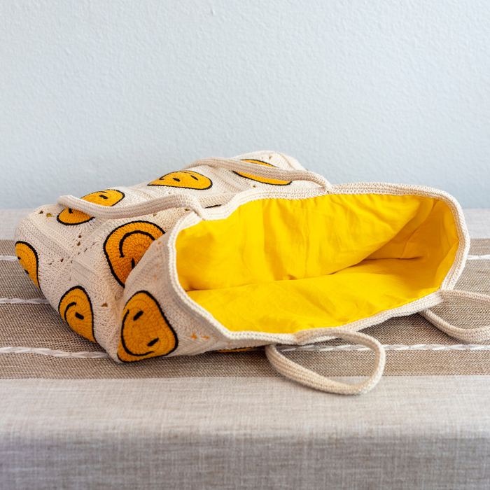 Yellow Smiley Granny-Square Crochet Tote