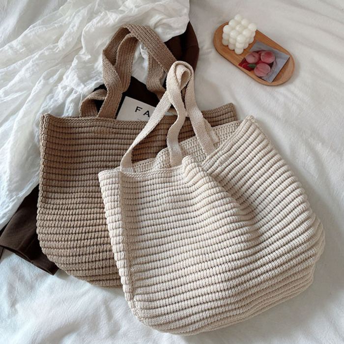 Large Ribbed Crochet Tote with Wide Shoulder Handles