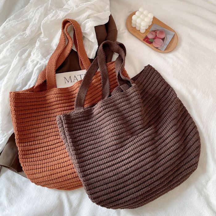 Large Ribbed Crochet Tote with Wide Shoulder Handles