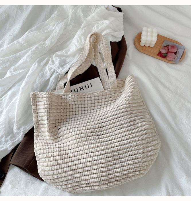 Large Ribbed Crochet Tote with Wide Shoulder Handles