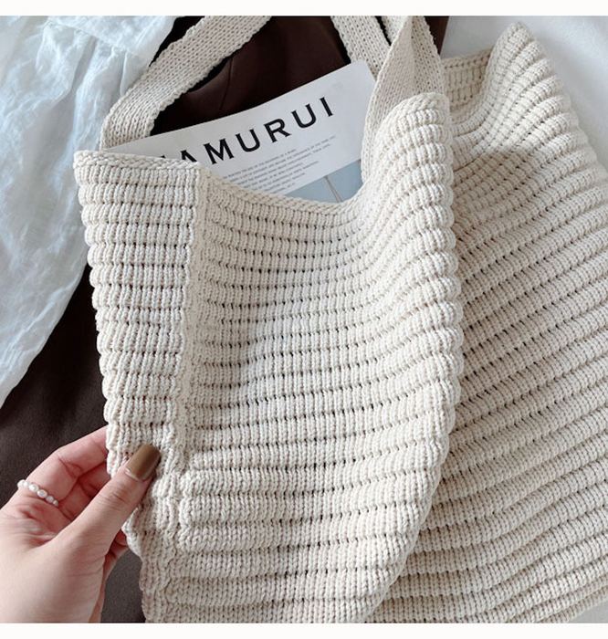Large Ribbed Crochet Tote with Wide Shoulder Handles