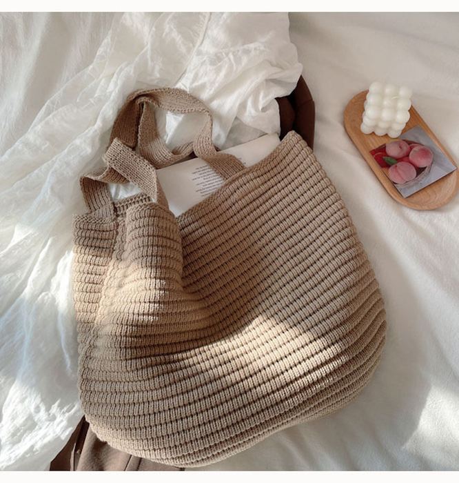 Large Ribbed Crochet Tote with Wide Shoulder Handles