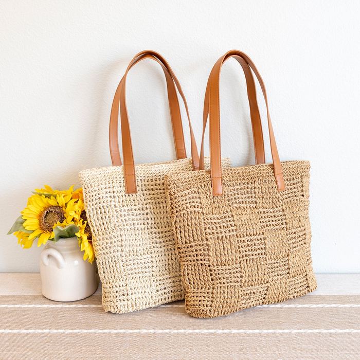 Large Woven Straw Shoulder Tote with Zip Closure