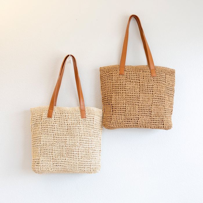 Large Woven Straw Shoulder Tote with Zip Closure