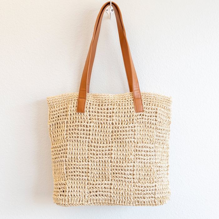 Large Woven Straw Shoulder Tote with Zip Closure