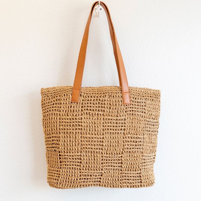 Large Woven Straw Shoulder Tote with Zip Closure