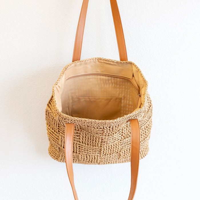 Large Woven Straw Shoulder Tote with Zip Closure