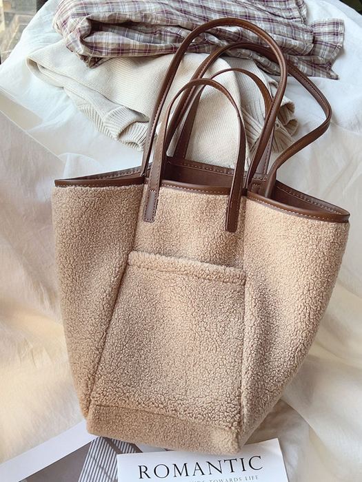 Large Faux-Fur Tote with Contrast Trim and Front Pocket