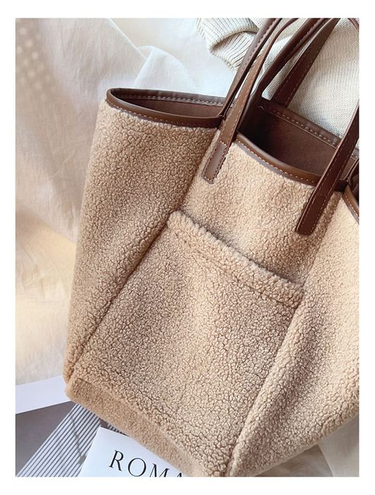 Large Faux-Fur Tote with Contrast Trim and Front Pocket