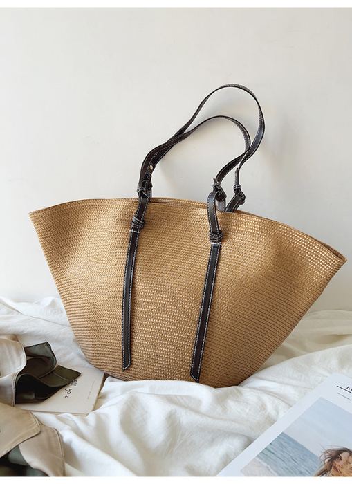 Large Shell-Shaped Straw Tote with Dark Twisted Handles