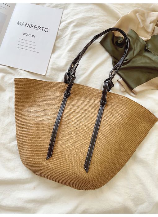 Large Shell-Shaped Straw Tote with Dark Twisted Handles
