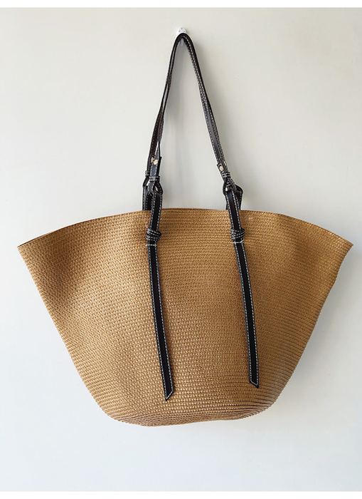 Large Shell-Shaped Straw Tote with Dark Twisted Handles