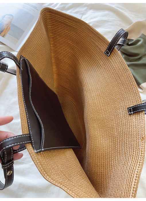 Large Shell-Shaped Straw Tote with Dark Twisted Handles