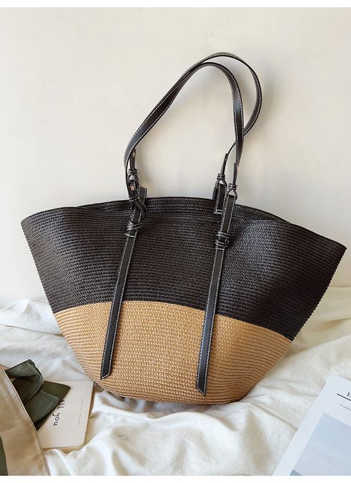 Large Shell-Shaped Straw Tote with Dark Twisted Handles