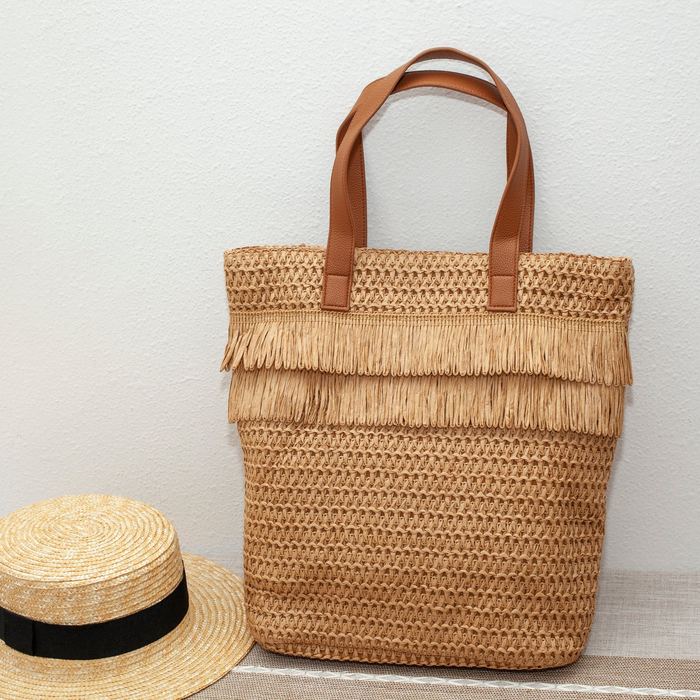 Large Straw Tote with Double Fringe Bands