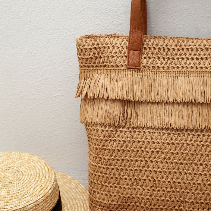 Large Straw Tote with Double Fringe Bands