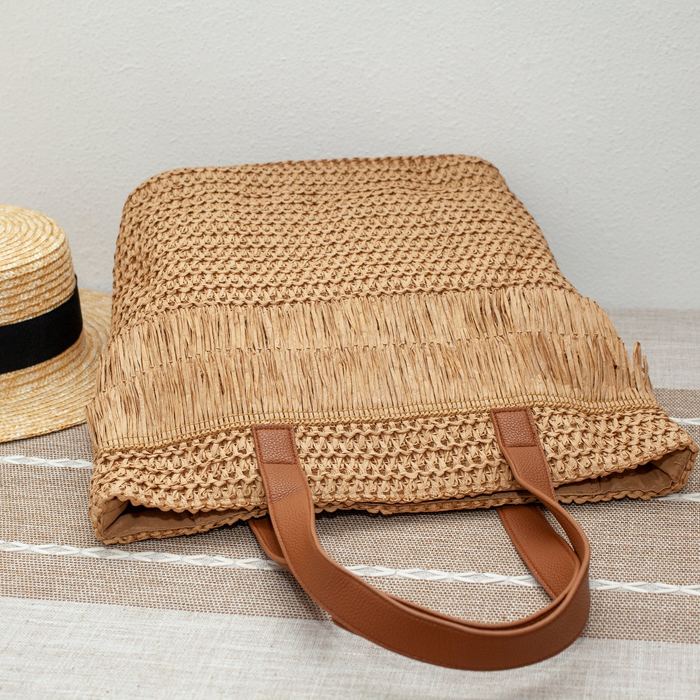 Large Straw Tote with Double Fringe Bands