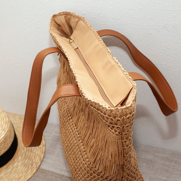 Large Straw Tote with Double Fringe Bands