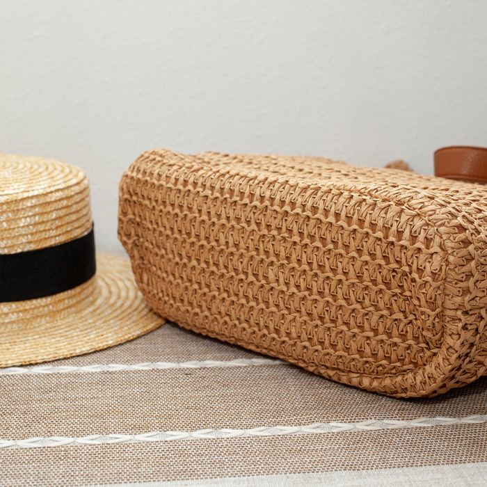 Large Straw Tote with Double Fringe Bands